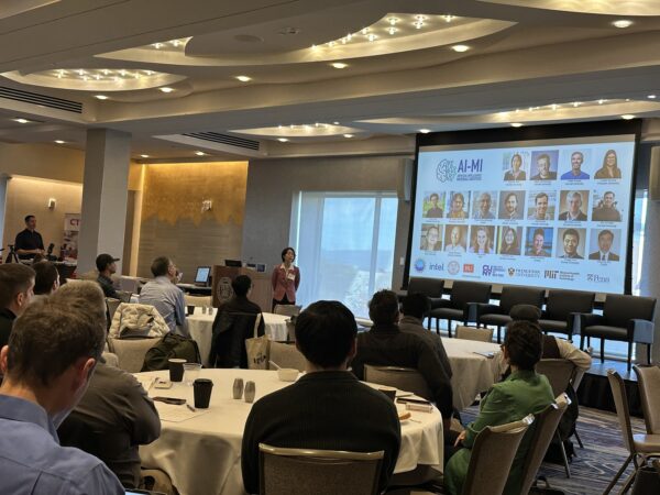AI-MI Director Eun-Ah Kim presents the AI-MI center overview at the Cornell Materials Hub 2026 Inaugural Symposium (AI-MI team)