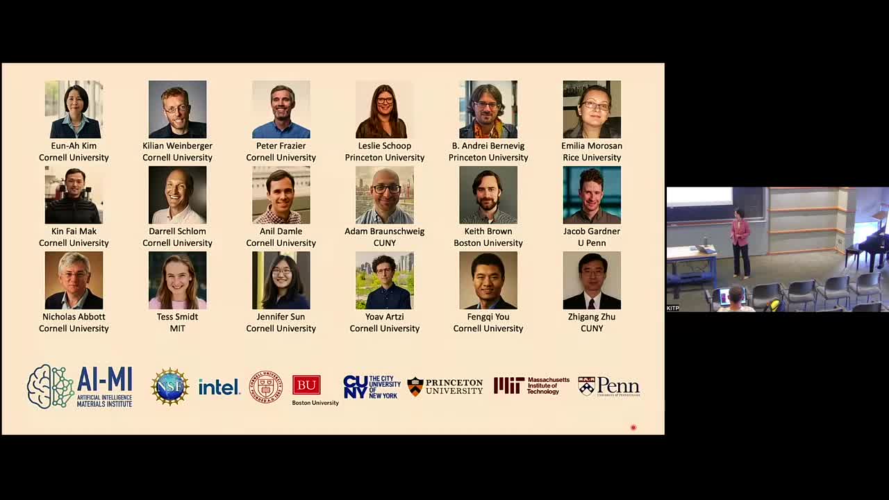 Eun-Ah Kim presenting at KITP, with a slide of the AI-MI team and partner institutions
