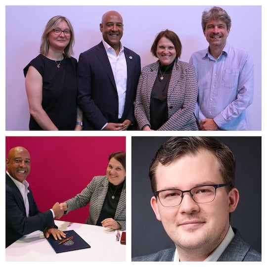 Emilia Morosan (top left) with Reginald DesRoches, Claudia Felser and Geoffroy Hautier at the Rice–Max Planck Q-RaMP partnership signing